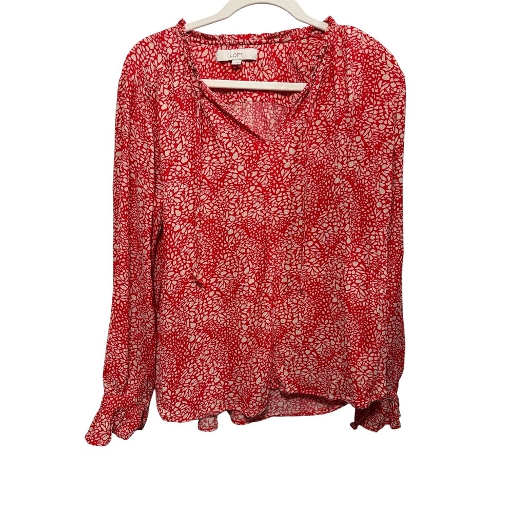 Loft‎ Long Sleeve Tie Neck Peasant Blouse M Red Floral Burst Print Boho Shirt